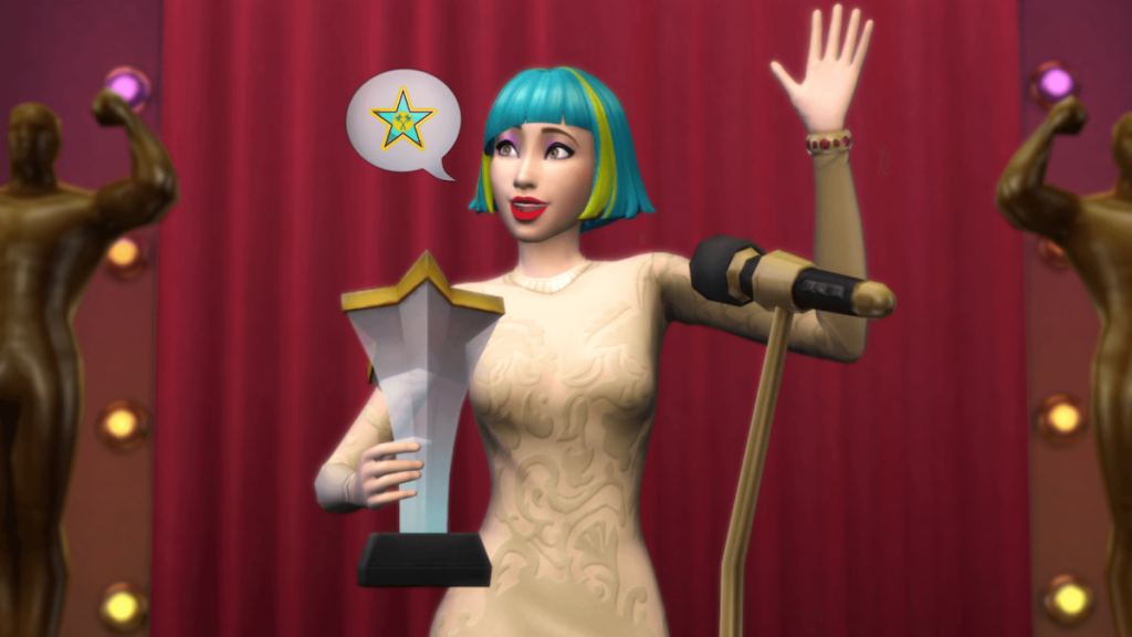 A sim with blue and green hair accepting a star award in the sims 4