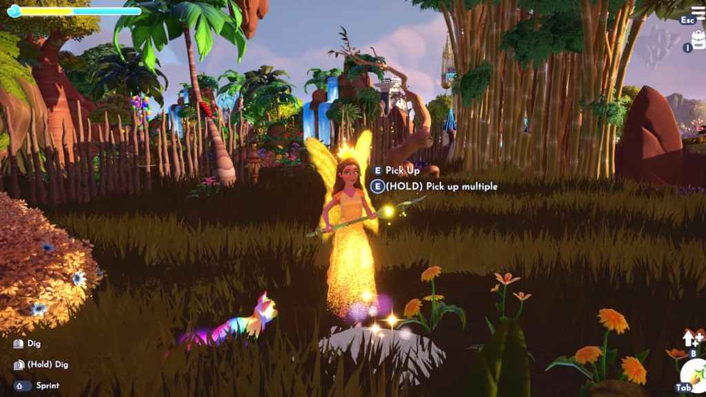 holding a shovel and standing by a sparkling dig spot in disney dreamlight valley