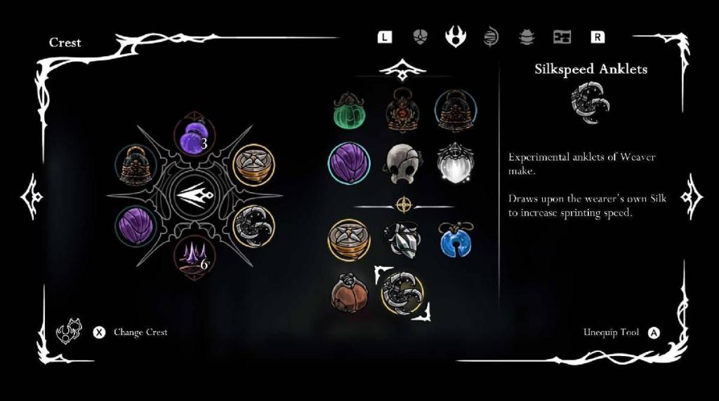 Hollow Knight: Silksong - a menu shows the tool called the Silkspeed Anklets