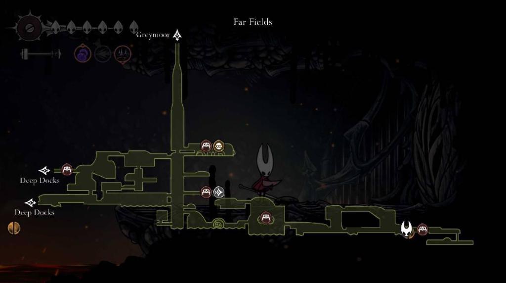 Hollow Knight: Silksong - A menu shows the hidden area of far Fields