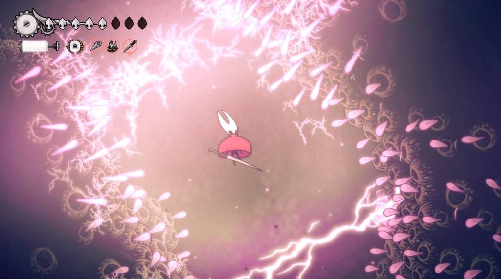 Hornet floats slowly down a purple cave with vines and obstacles either side