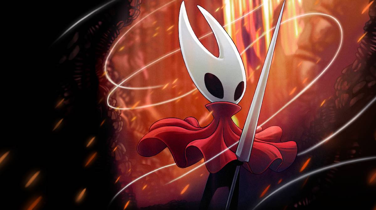Promotional artwork for Hollow Knight Silksong shows Hornet against a gloomy background