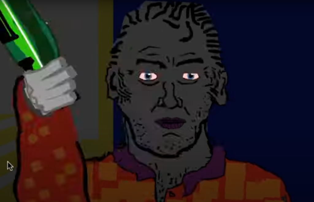 A terrifying homeless cartoon man with a grey face is trying to hit you with an upside down bottle