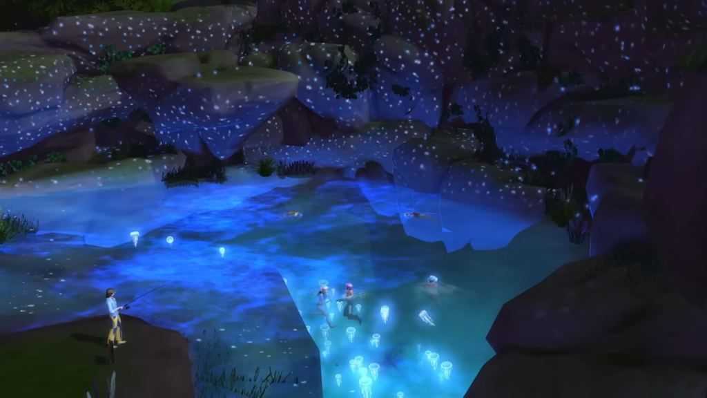 Sims swimming in a cave with glowing jellyfish in the sims 4