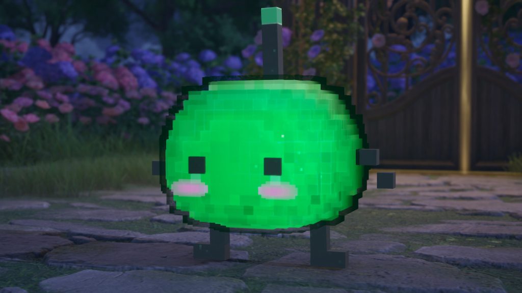 A green Junimo standing outside in infinity nikki