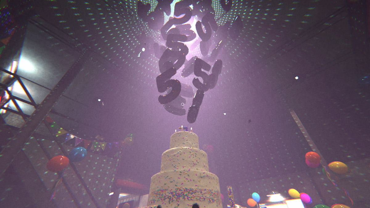 Looking up at a confetti cake and number 5 birthday balloons in phasmophobia