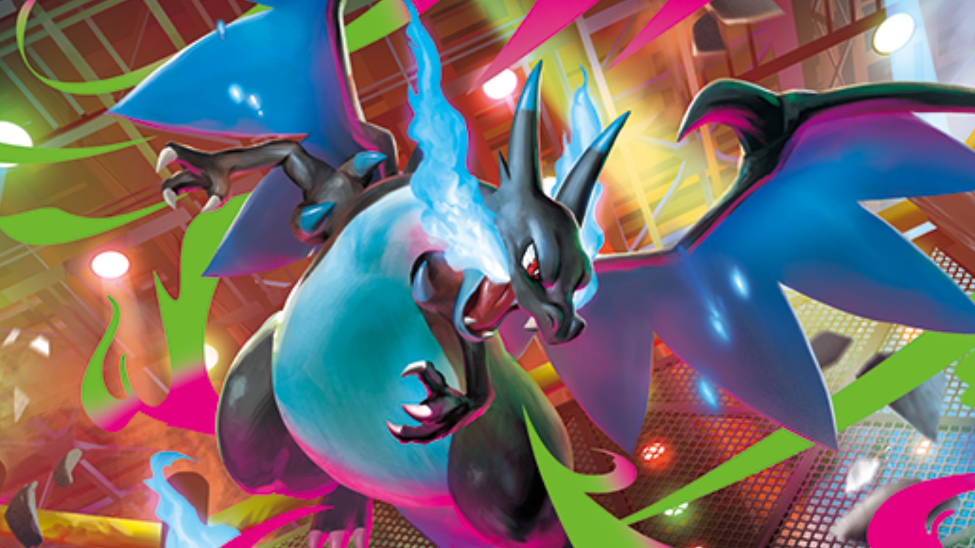 The Mega Charizard X artwork in the new Pokémon TCG set Phantasmal Flames