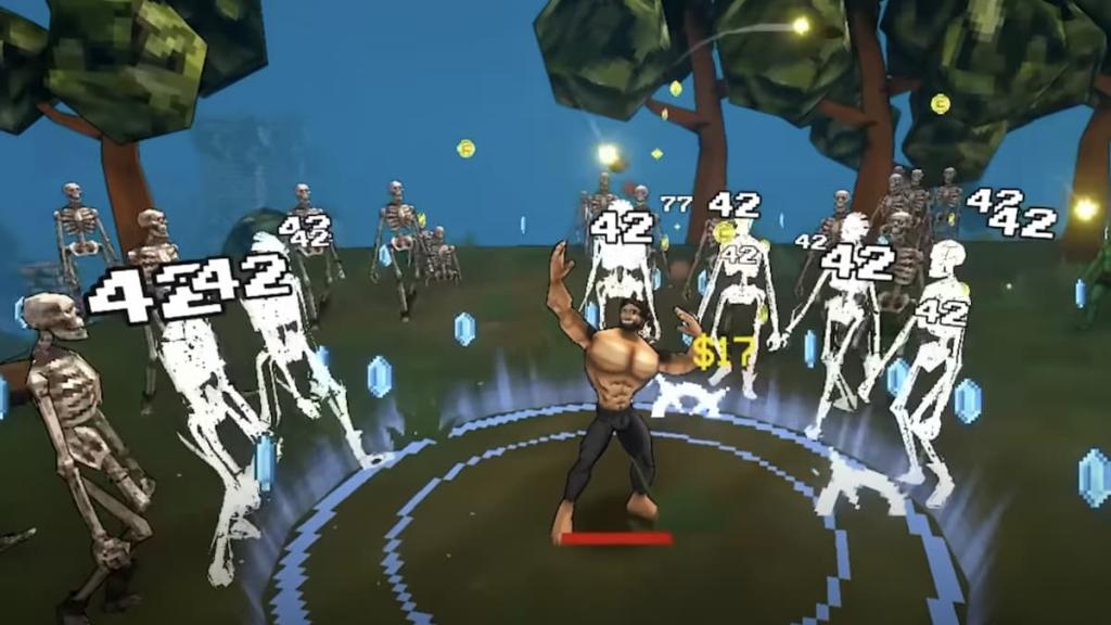 A character surrounded by skeletons in Megabonk.