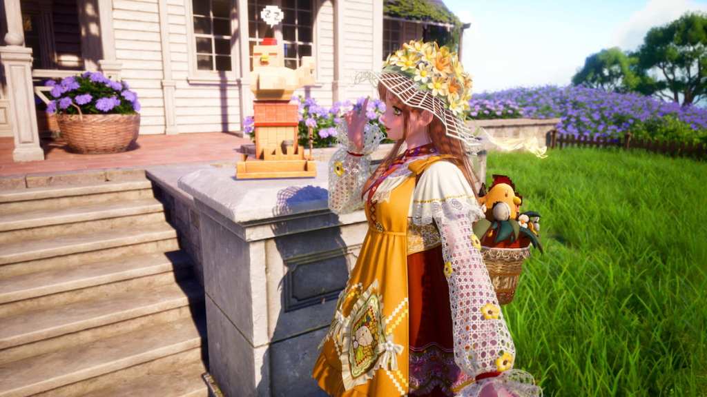 Nikki wearing a yellow, white, and red stardew valley outfit standing next to a chicken clock in infinity nikki