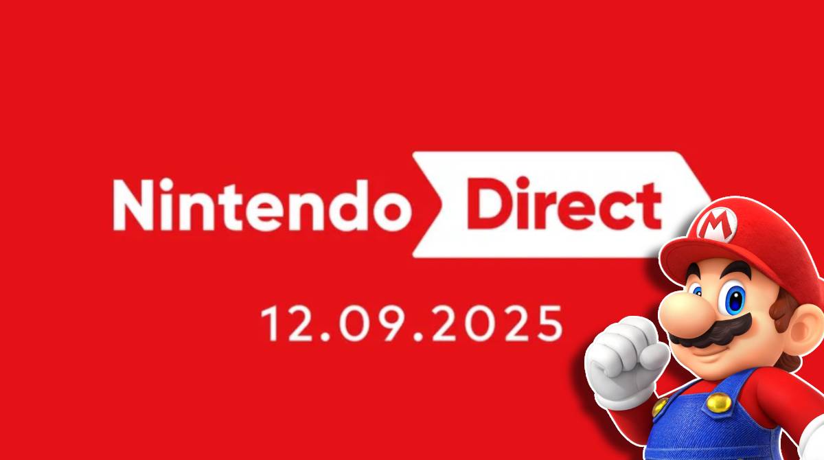 A red image shows the words Nintendo Direct alongside the date 12/09/2025. There is a render of Mario in the bottom-right corner.