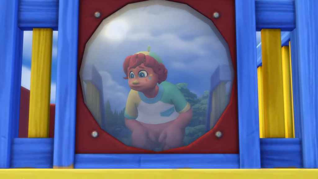An orange imaginary friend peeking out a bubble window on a playground in the sims 4
