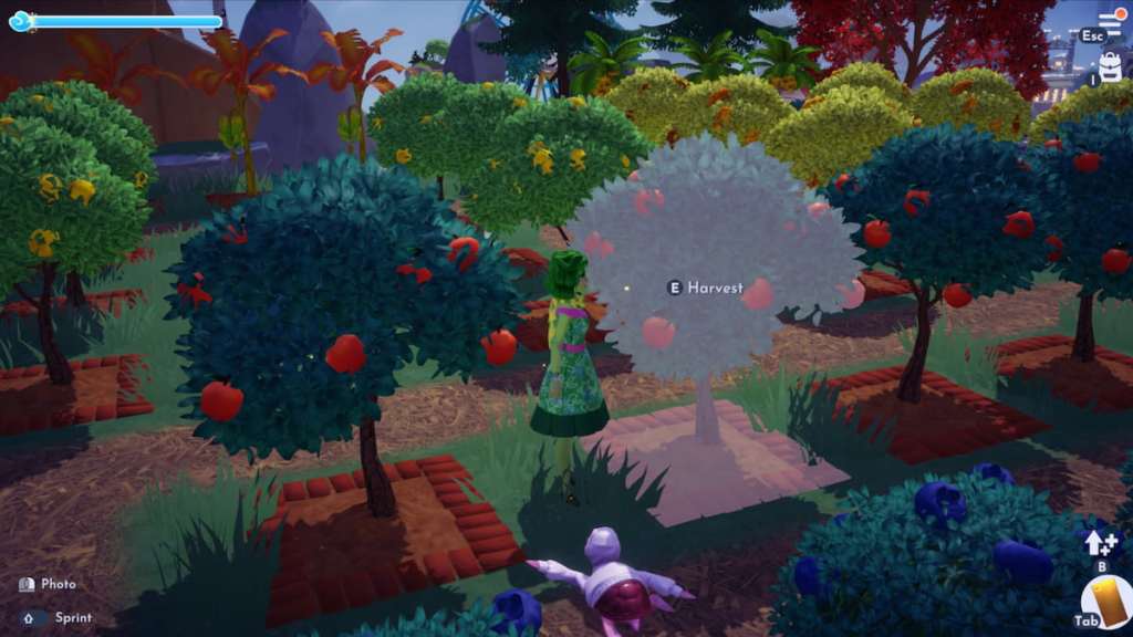A player dressed as Disgust from inside out picking an apple in a fruit orchard in disney dreamlight valley