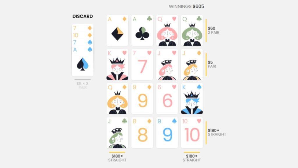 Cards arranged on a grid forming Poker hands in Pile-Up Poker