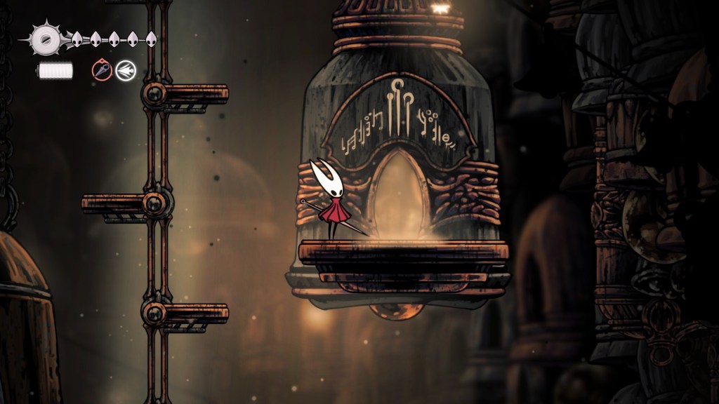 Hornet standing next to Pinmaster Plinney's hut in Hollow Knight: Silksong