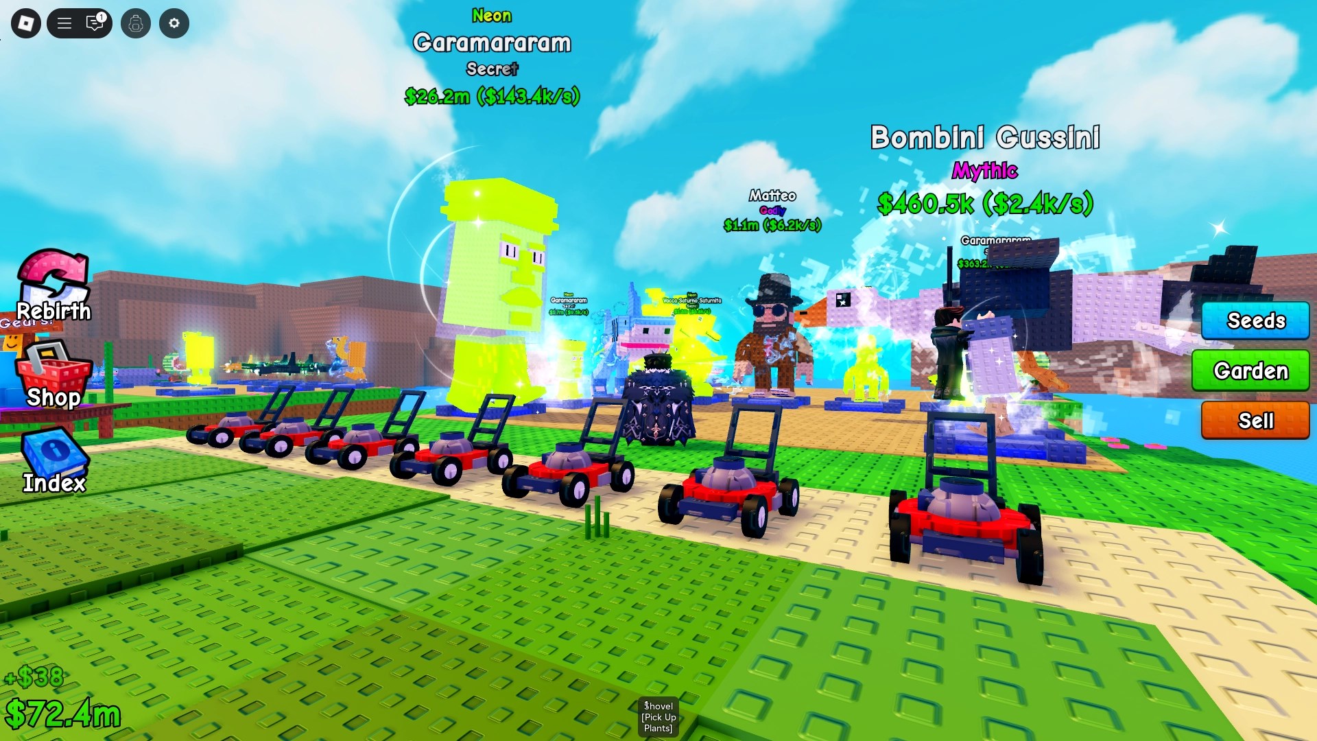 A player showing their currently placed brainrots in Plants vs Brainrots Roblox experience.