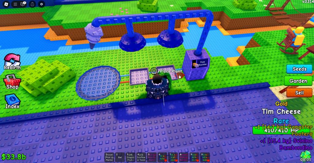 A player using the fuse machine in Plants vs Brainrots Roblox experience.