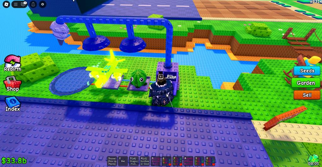 A player using the fuse machine in Plants vs Brainrots Roblox experience.