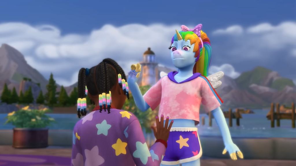 A pretty pegacorn imaginary friend floating in the air and waving goodbye to a child sim in the sims 4