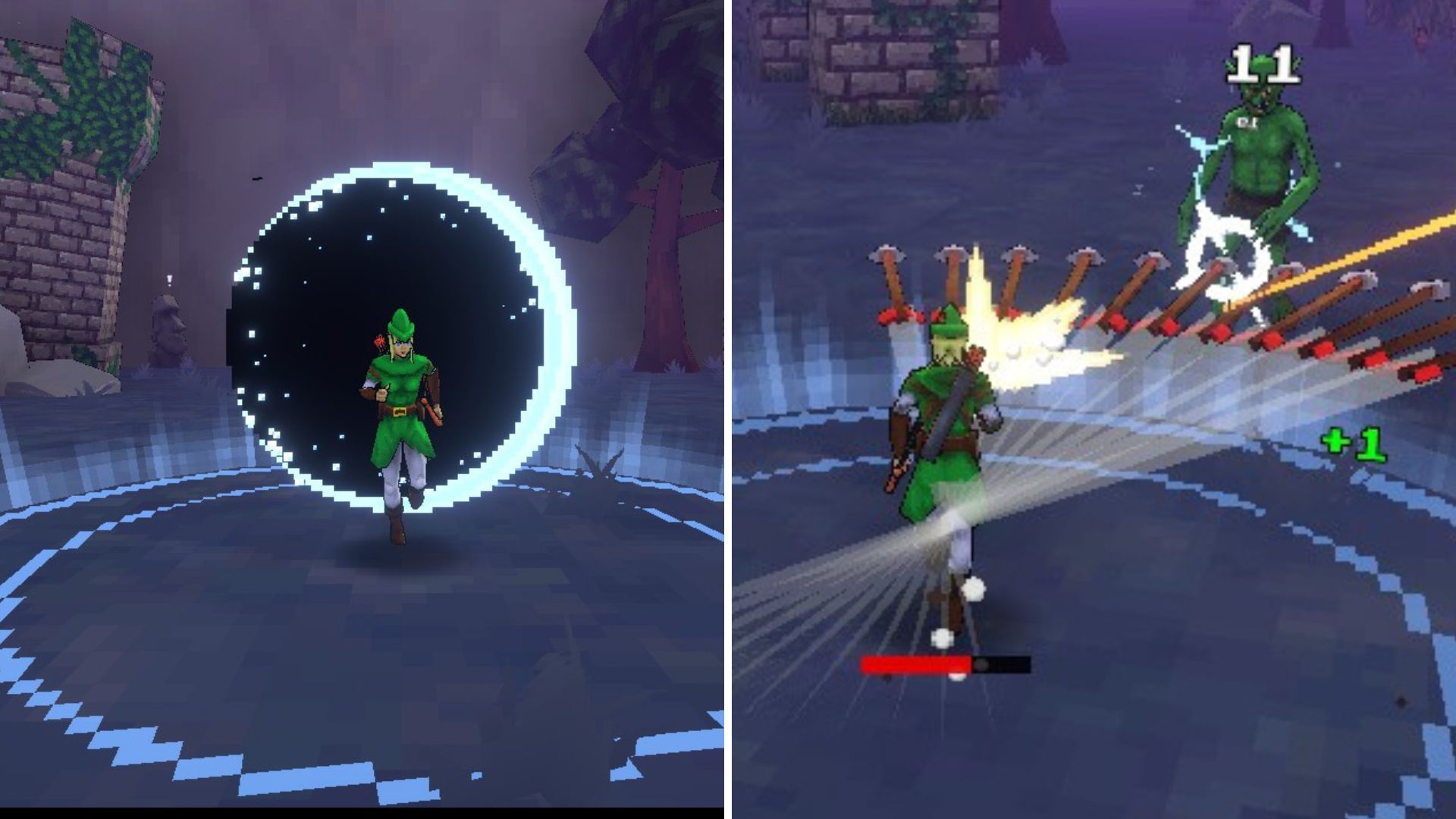 A two-panel image with Robinette arriving in and attacking in Forest Tier 2