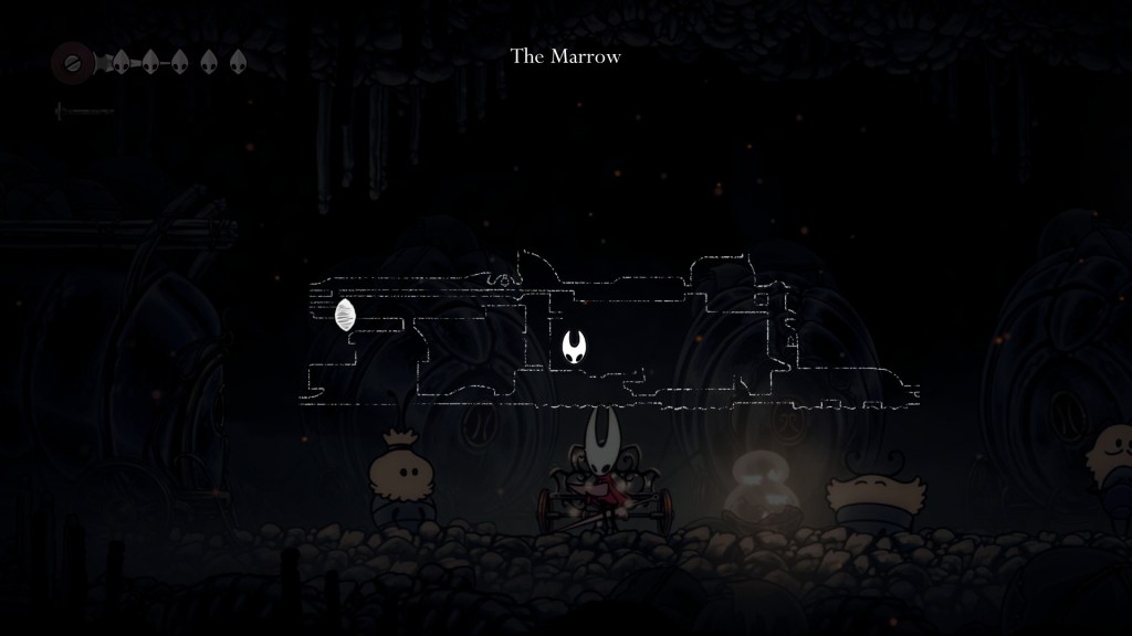 A screenshot of Silksong showing the map with Hornet's location and last death spot.