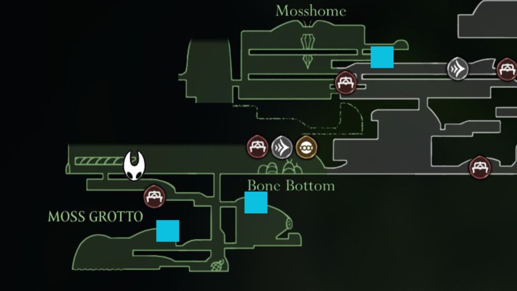 The Bone Bottom map in Hollow Knight: Silksong with the mosberry areas marked in blue.