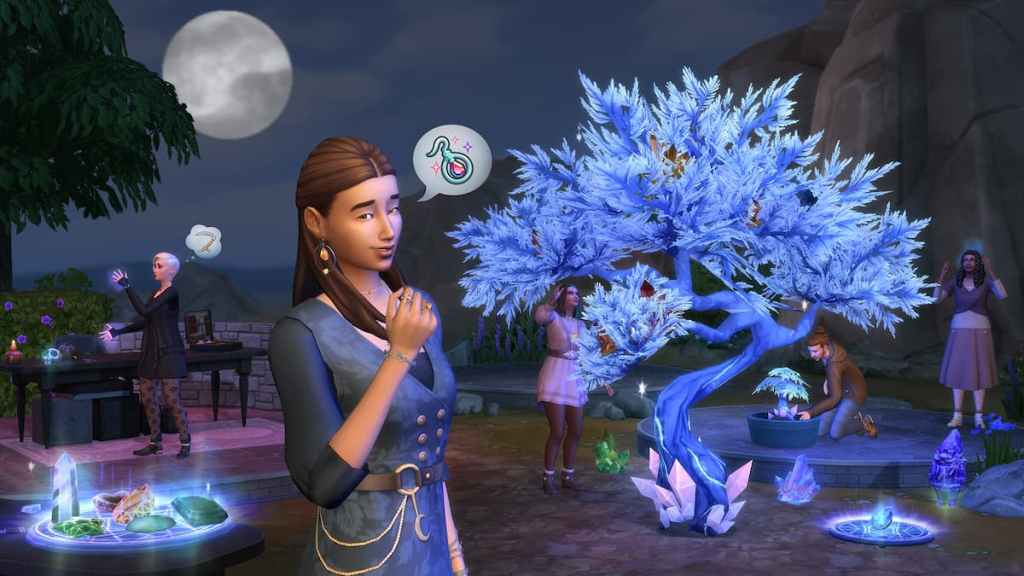 Sims outside at night harvesting a crystal tree and charging up crystals on a glowing pad in the sims 4