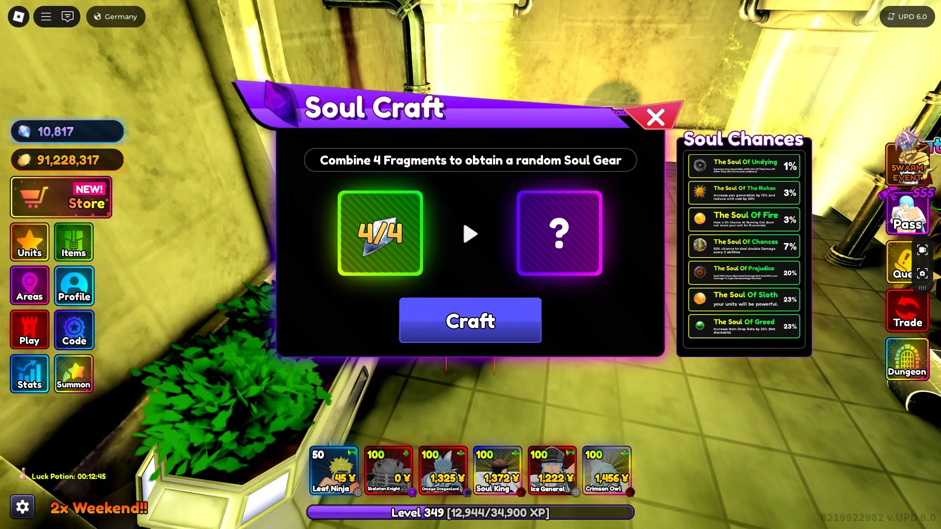 A player crafting random souls using Soul Fragments in Anime Rangers X Roblox experience.