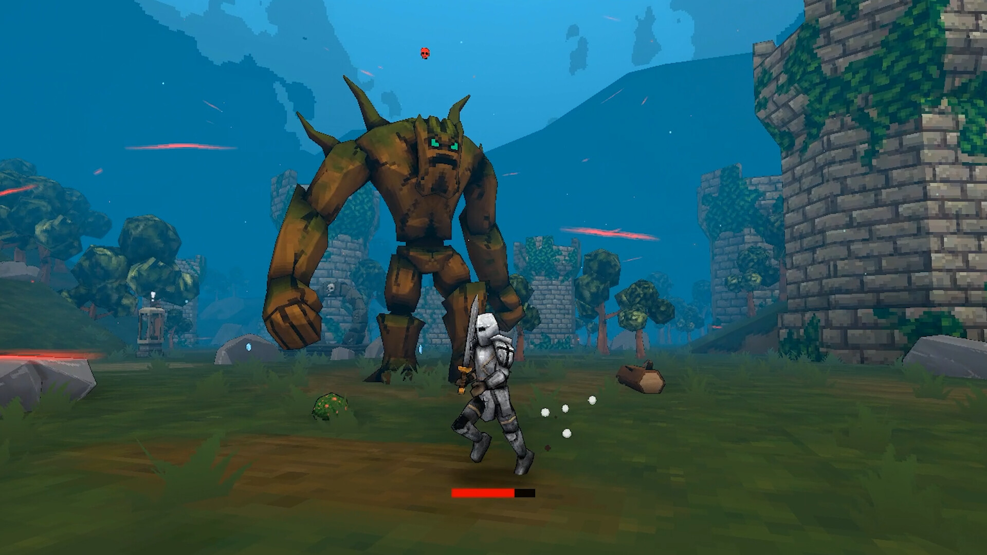 Player facing a stage boss with a Hero Sword in hand