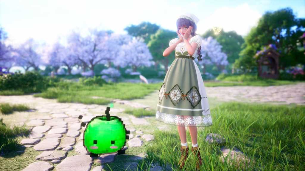Nikki standing next to a dancing green Junimo in infinity nikki