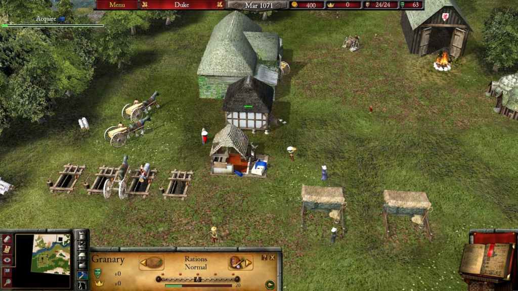 Peasants working in fields, cloth shops, and woodcutter shops in Stronghold 2.