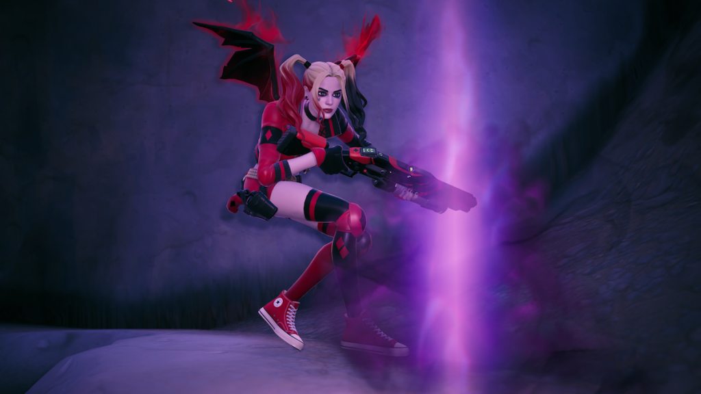 harley quinn kneeling by a glowing purple spot that had a tainted egg in fortnite