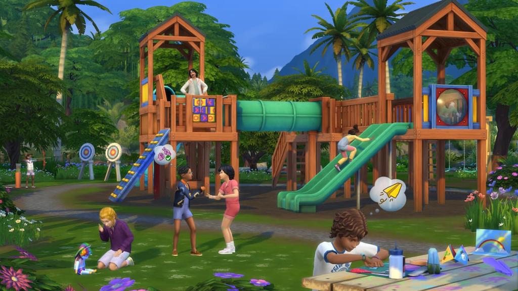 Custom playground with kids playing all around it in the sims 4