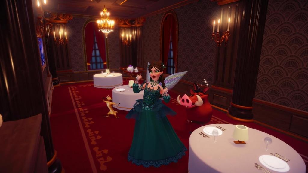 A player in a dark green dress with fairy wings waiting tables at chez remy with timon and pumbaa in disney dreamlight valley