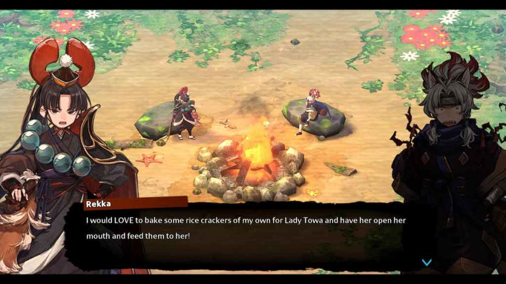 Two characters speaking around a bonfire in Towa. 