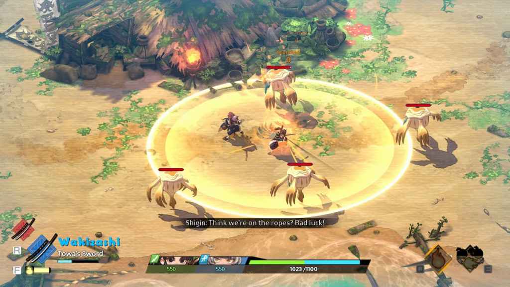 Characters in Towa fighting strange creatures in a deserted village. 