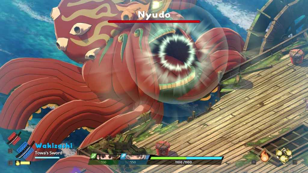 A kraken-like boss in Towa with two characters fighting it on a ship. 
