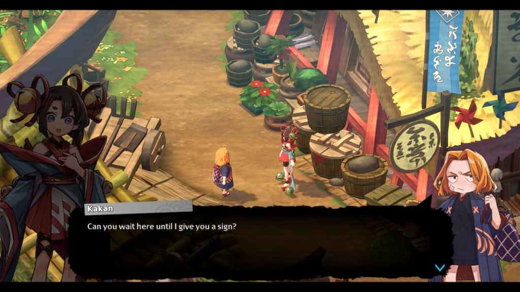 Two characters speaking next to a market building in Towa. 