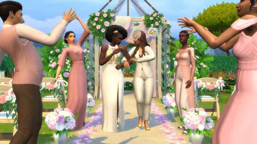 Two sims getting married in my wedding stories game pack in the sims 4