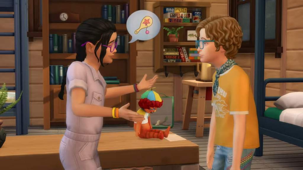 Two child sims talking in front of an imaginary friend doll in the sims 4