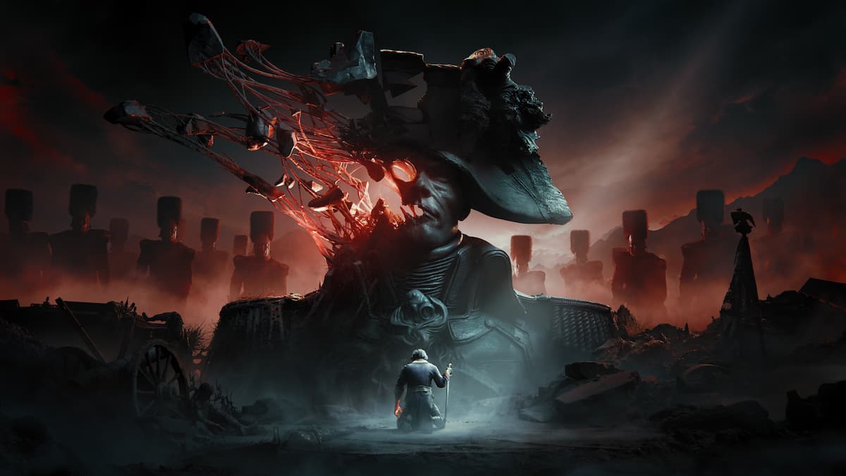 A rotting, glowing face of a Napoleonic soldier towers above a dark battlefield in Valor Mortis.