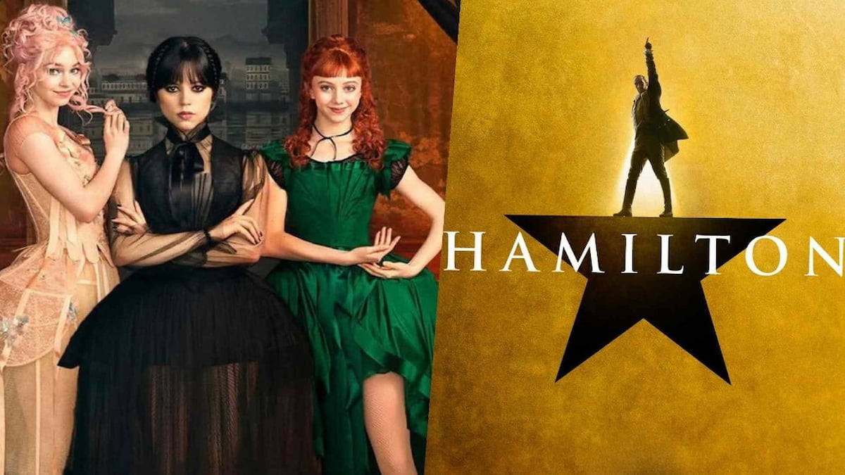 Enid, Wednesday, and Agnes dressed up for a gala next to Alexander Hamilton standing on a star in Hamilton