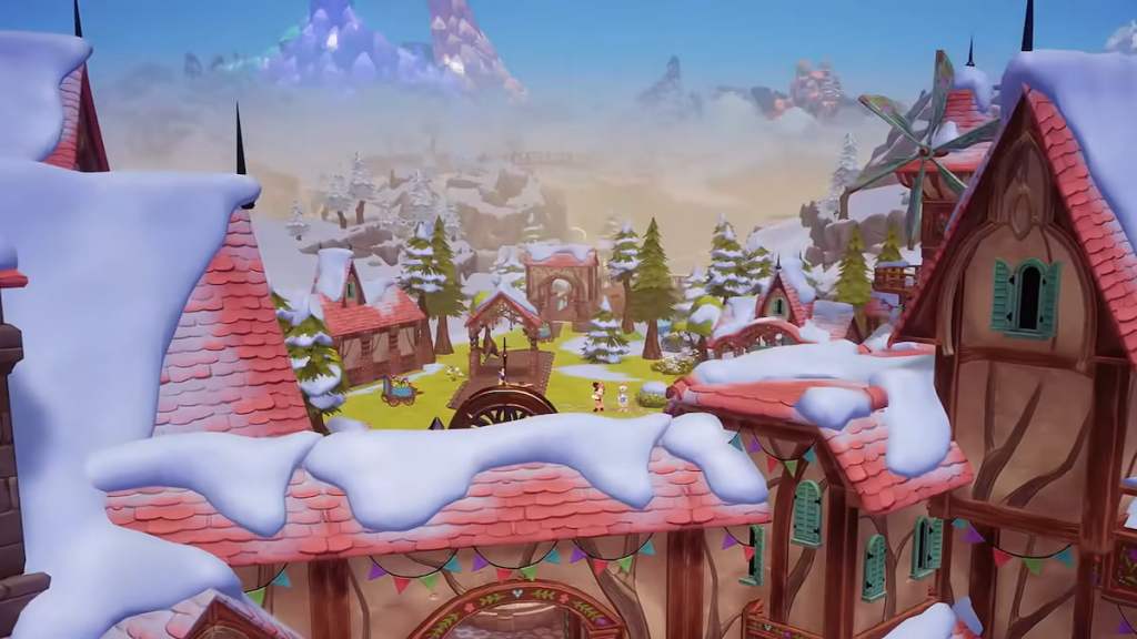 Wishblossom ranch biomes, including a snowy twon, a gemstone mountain, and a honey pot area in disney dreamllight valley