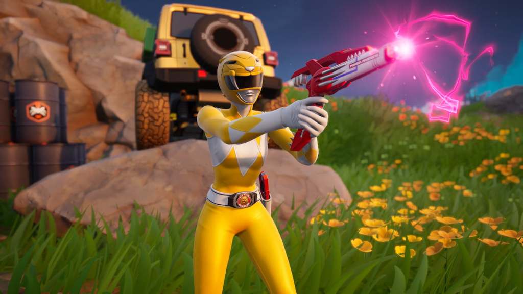 Yellow ranger shooting a red mythic blade blaster in front of a yellow jeep in fortnite
