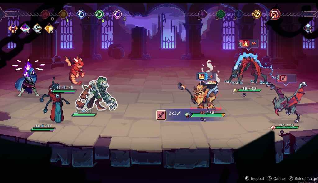 A screenshot from Aethermancer showing the combat screen. Three monsters are on either side of the screen.