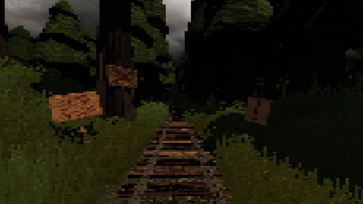 Walking down the train track in Dimlose with warning signs before entering the dark woods