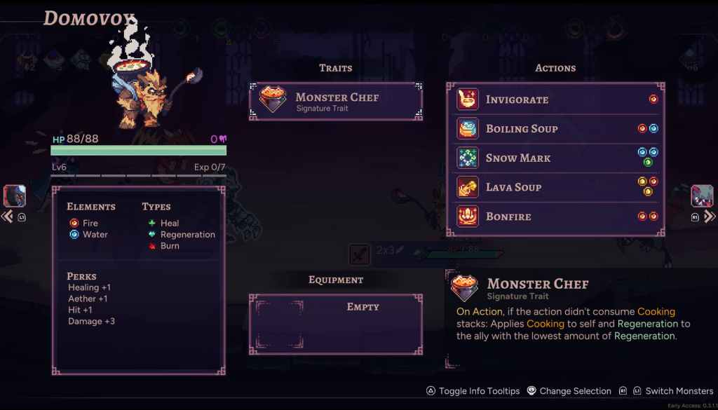 A screenshot from Aethermancer showing the abilities and stats of a monster. The abilities are on the left, with small icons followed by their names.