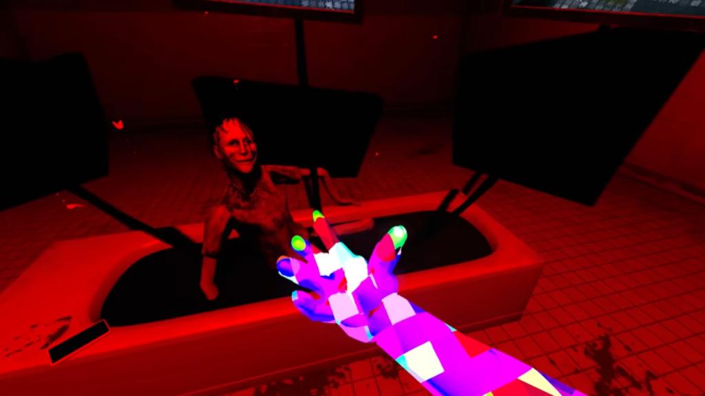 Looking at the entity emerging from the bathtub as Emma's hands turn glitchy and digital