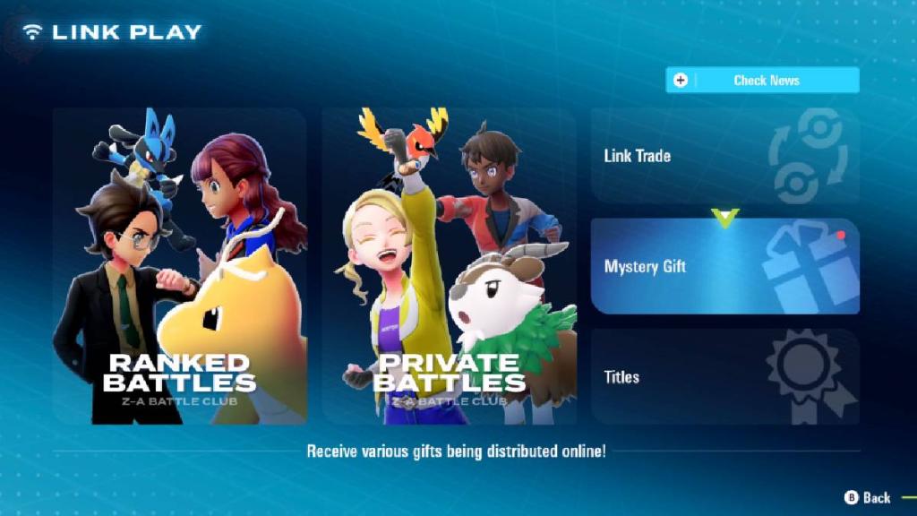 A menu shows the Mystery Gify option in Pokémon Legends Z-A