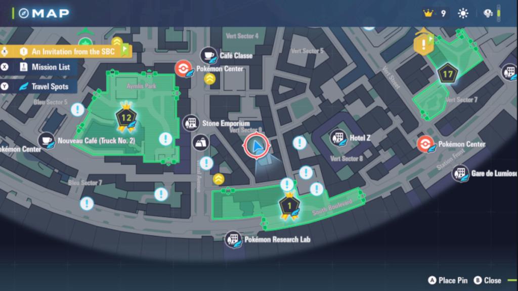 A map showing how to get to the Pokemon Eevee in Pokemon Legends: ZA