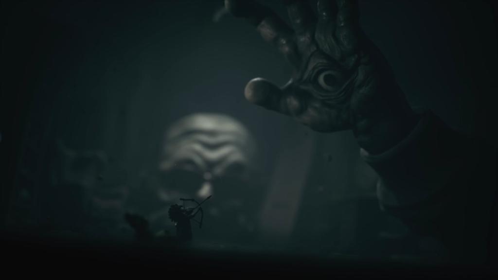 Low shooting an arrow at Institute monster's eye in his left hand